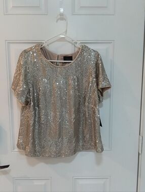 Muse Champagne Sequin Short-Sleeve Top #124#
